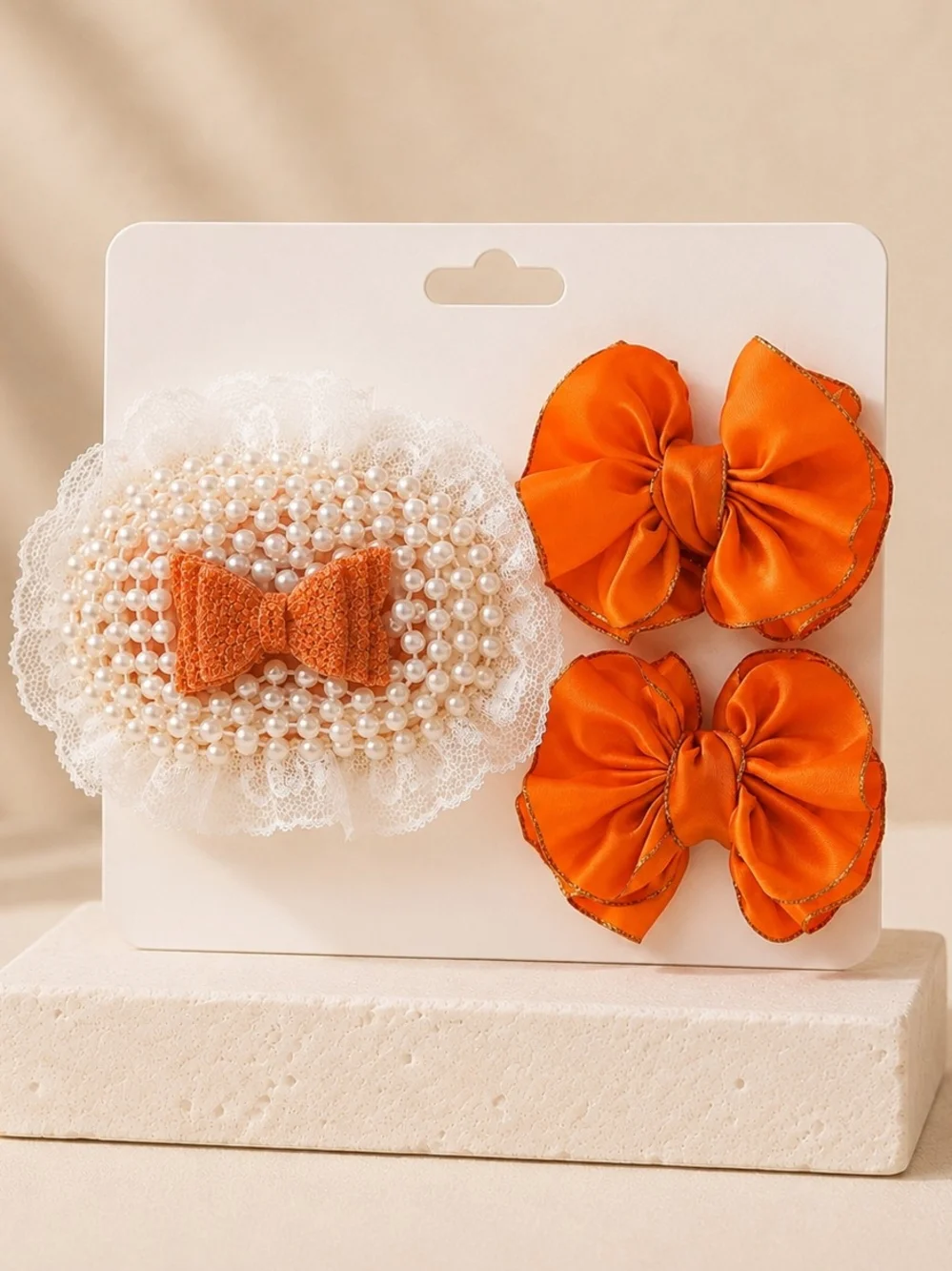 Orange Pearl & Lace Kids Hair Clip Set with Satin Bows